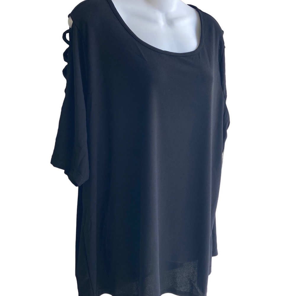 NWT Woman's 2X Black Stretch Top Blouse Lattice Short Sleeves 89th + Madison